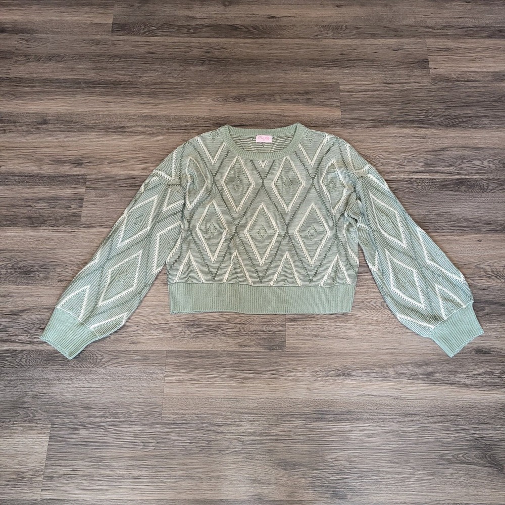 Pink Lily Diamond Knit Sweater Pullover Long Sleeve Green XL